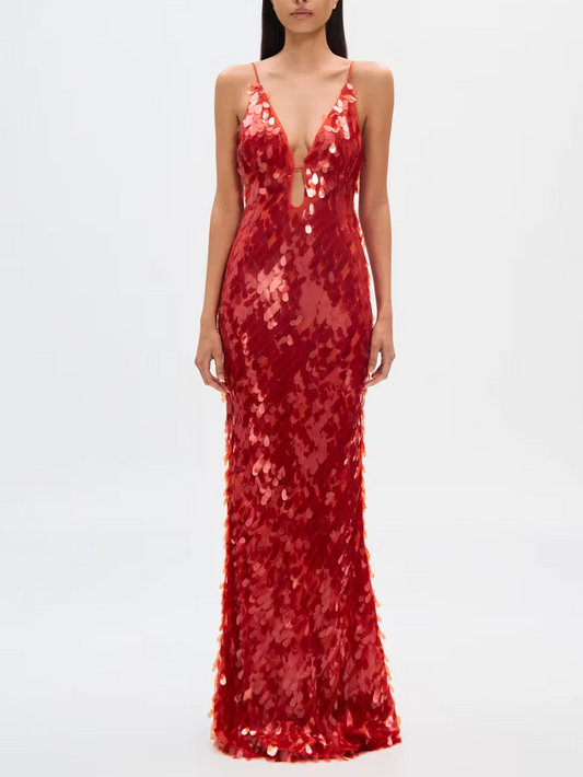 Sequin Spaghetti Strap Mermaid Dress with V-Neck and High Waist