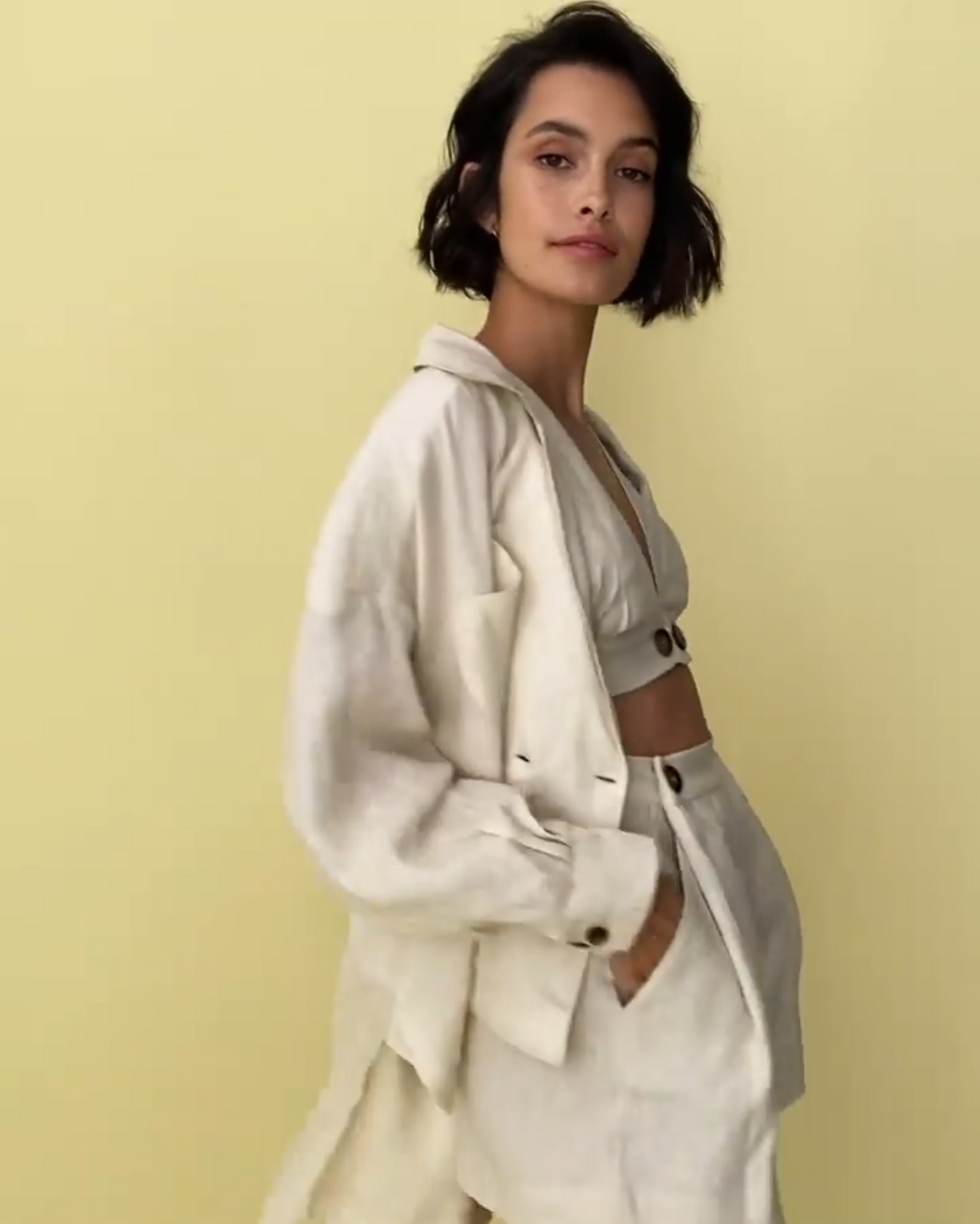 Linen Blend 3-Piece Set: Oversized Shirt + Plunge Bralette + High-Waisted Shorts