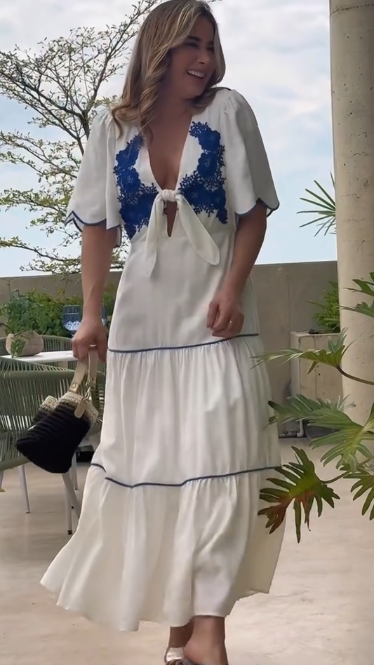 White & Blue Embroidered Tie-Front Tiered Maxi Dress