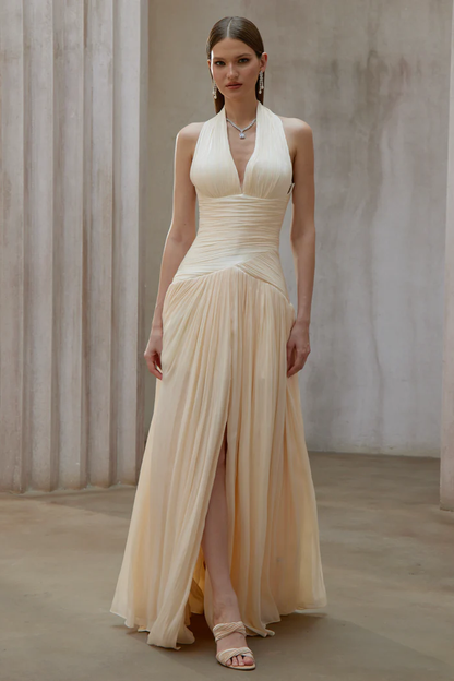 Uranie Gathered Halterneck Maxi Dress with Pleated Skirt and Train