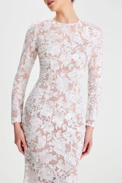 Sasha White Embroidered Mesh Bodycon Maxi Dress