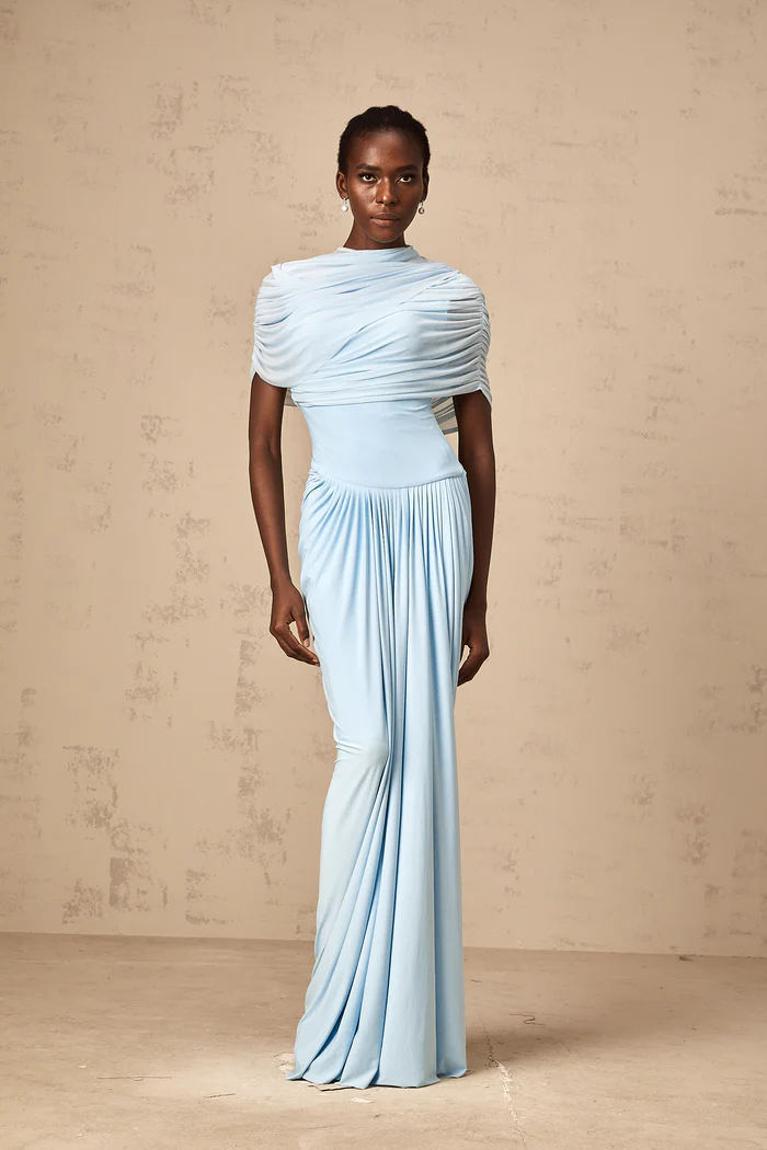 Asymmetrical Pleated Maxi Dress with Mesh Shawl and Draped Detailing