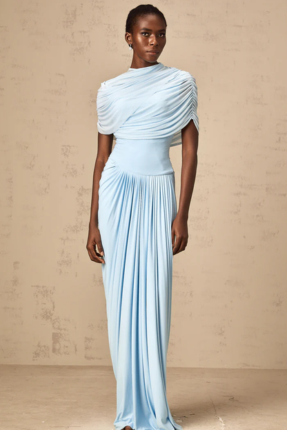 Asymmetrical Pleated Maxi Dress with Mesh Shawl and Draped Detailing
