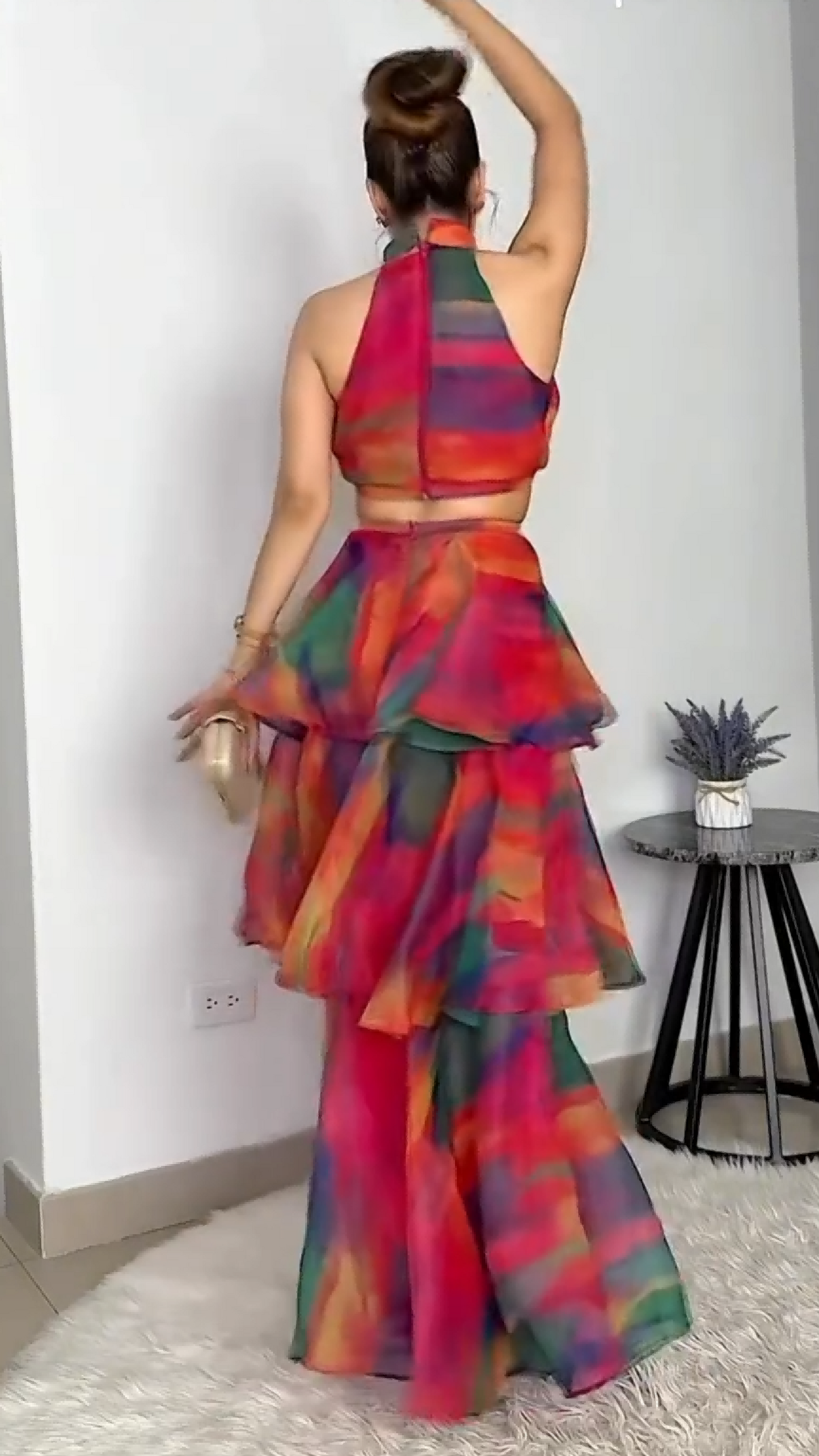 Rainbow Tie-Dye Halter Crop Top & Tiered Ruffle Maxi Skirt Set