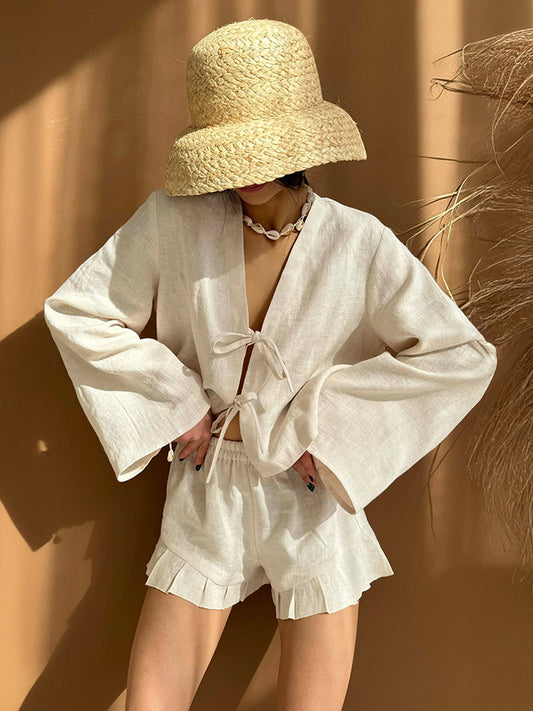 Cotton Tie-Front Cardigan & Ruffle Shorts Two-Piece Set