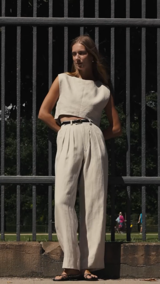 Linen Blend Cropped Tank & Pleated Wide-Leg Pants Co-ord Set