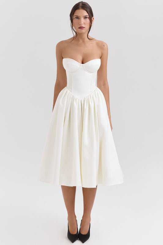 Strapless Corset Midi Dress with Flared Skirt