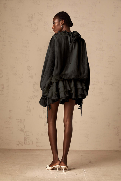 Zéphyrine Floral-Appliqué Tiered Mini Dress with Puff Sleeves and Ruffles