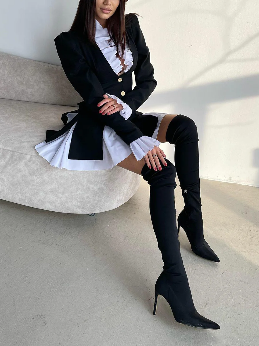 Black Tailored Blazer Mini Dress with Ruffled Shirt Detail