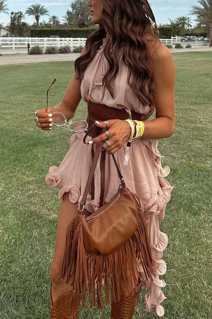 Chiffon Ruffle Halter Mini Skirt Two-Piece Set