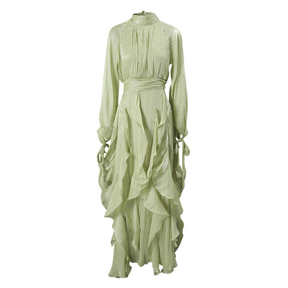 Estella Puff Sleeve Maxi Dress with Ruffle Trim and Bow Detail