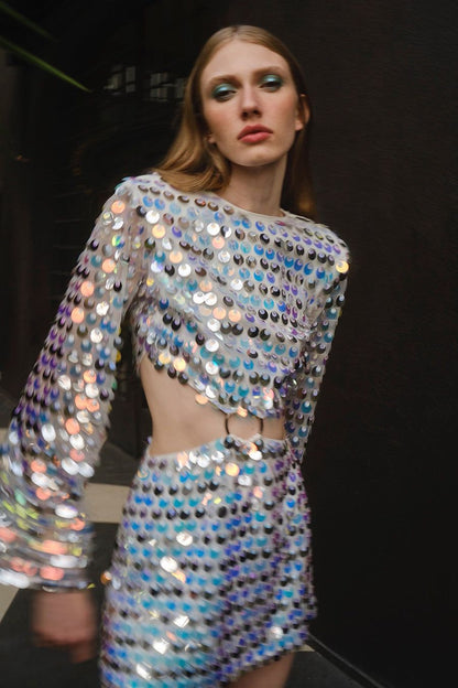 Sequin Long Sleeve Cut-Out Bodycon Dress with Flared Sleeves