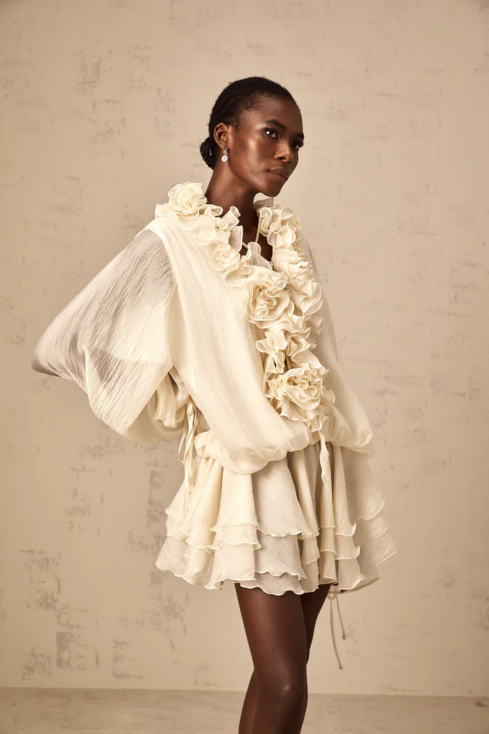 Zéphyrine Floral-Appliqué Tiered Mini Dress with Puff Sleeves and Ruffles