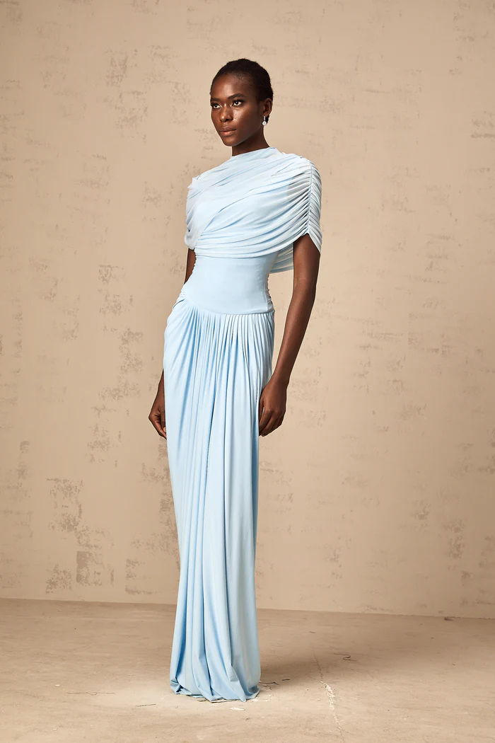 Asymmetrical Pleated Maxi Dress with Mesh Shawl and Draped Detailing