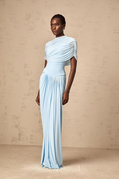 Asymmetrical Pleated Maxi Dress with Mesh Shawl and Draped Detailing