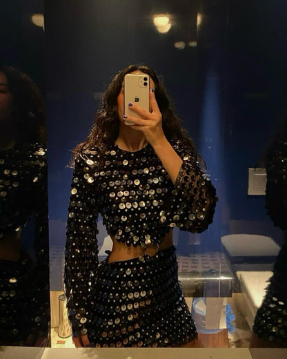 Sequin Long Sleeve Cut-Out Bodycon Dress with Flared Sleeves