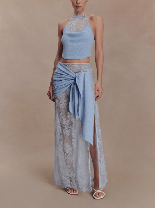 Lace Patchwork Halter Crop Top & Maxi Skirt Two-Piece Set