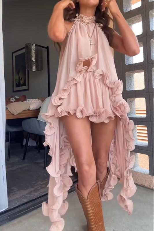 Chiffon Ruffle Halter Mini Skirt Two-Piece Set