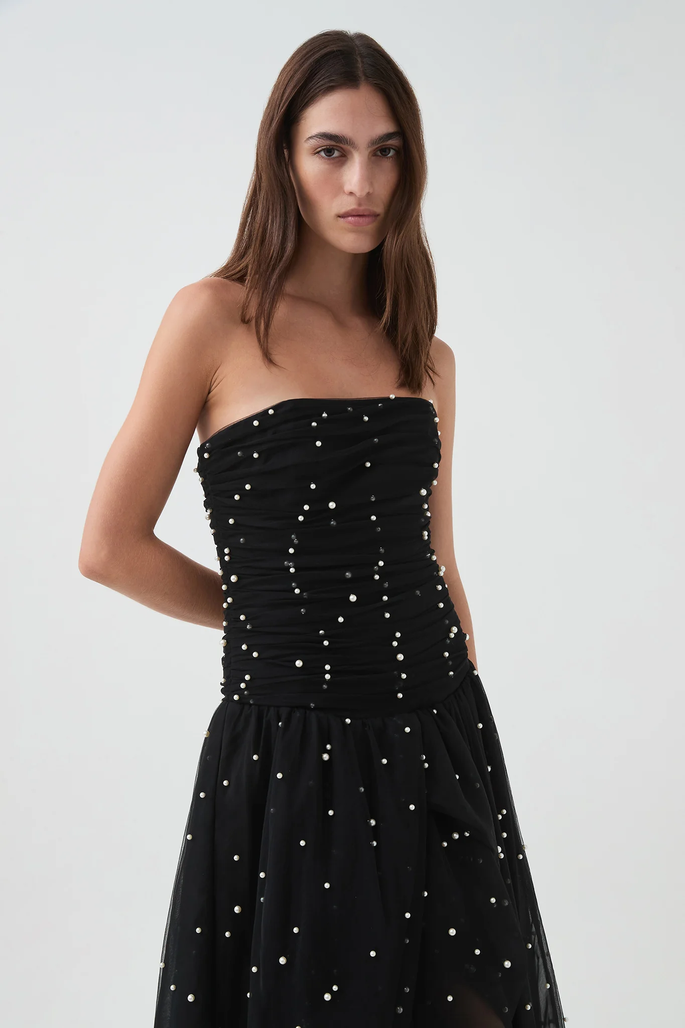 Strapless Ruched Pearl Bead Tulle Gown