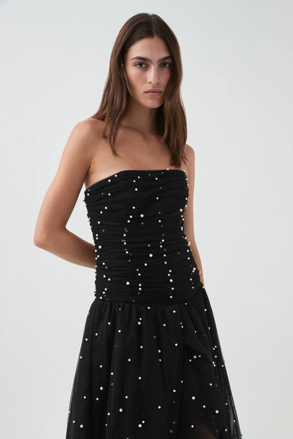 Strapless Ruched Pearl Bead Tulle Gown