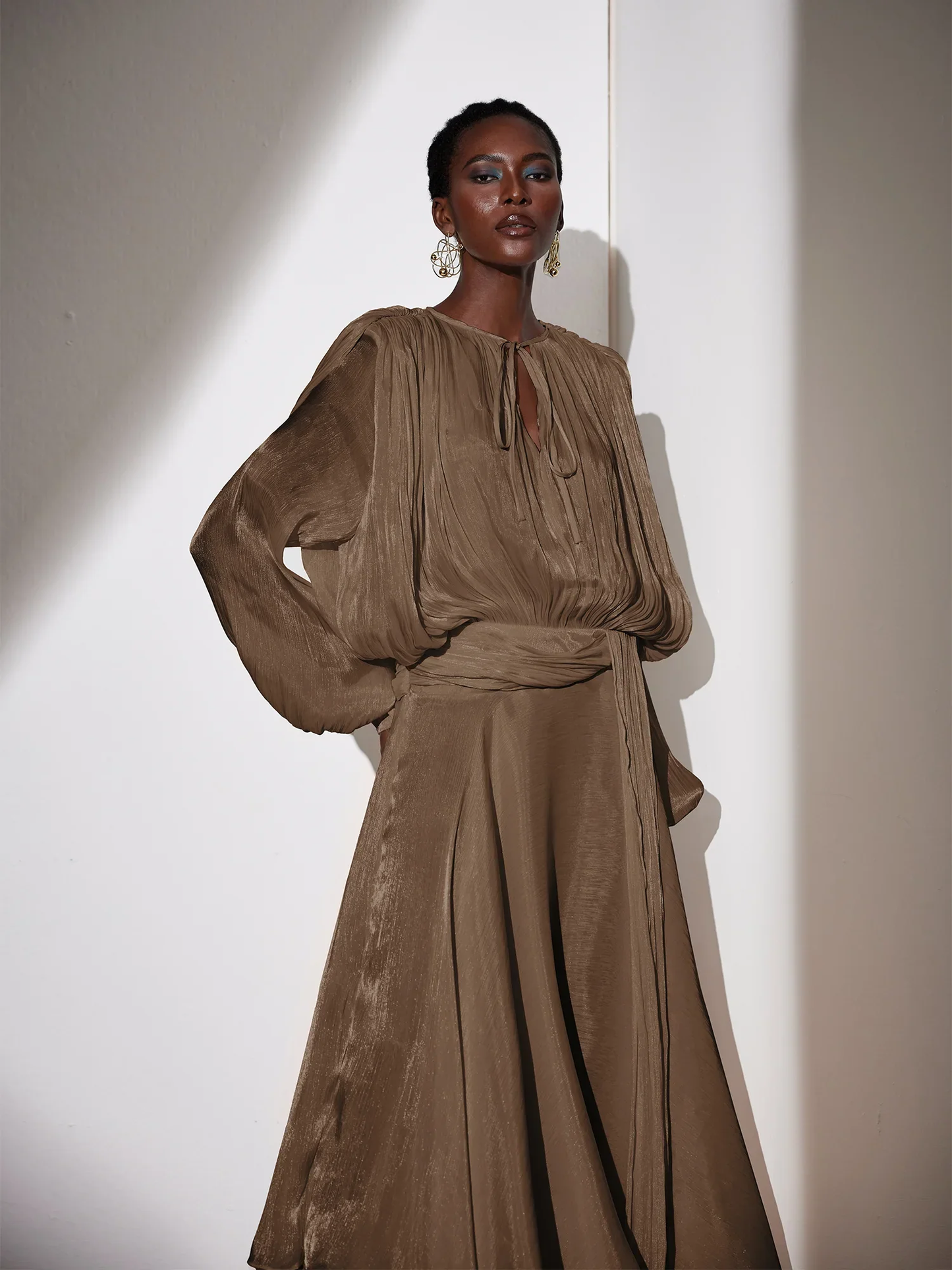 Elegant Satin Maxi Dress with Waist Tie and Asymmetric Hem