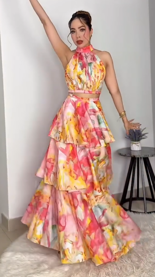 Watercolor Floral Halter Crop Top & Tiered Ruffle Maxi Skirt Set
