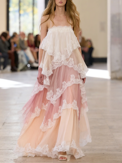 Lace Trim Tiered Maxi Gown