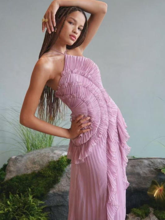 Halter Neck A-Line Chiffon Maxi Dress with Ruffle and Back Detail