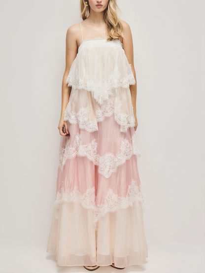 Lace Trim Tiered Maxi Gown
