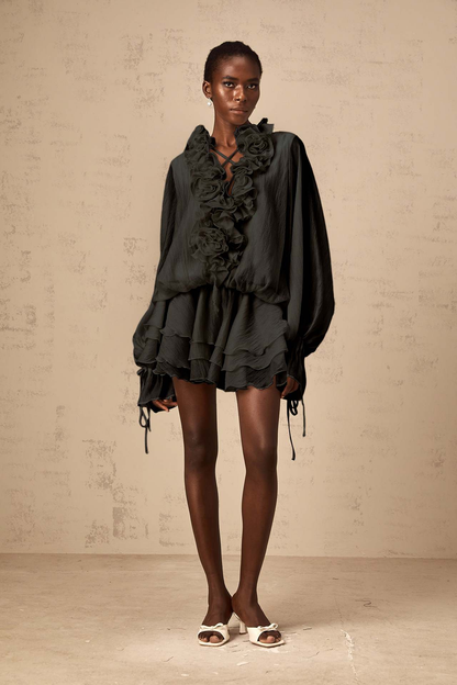 Zéphyrine Floral-Appliqué Tiered Mini Dress with Puff Sleeves and Ruffles