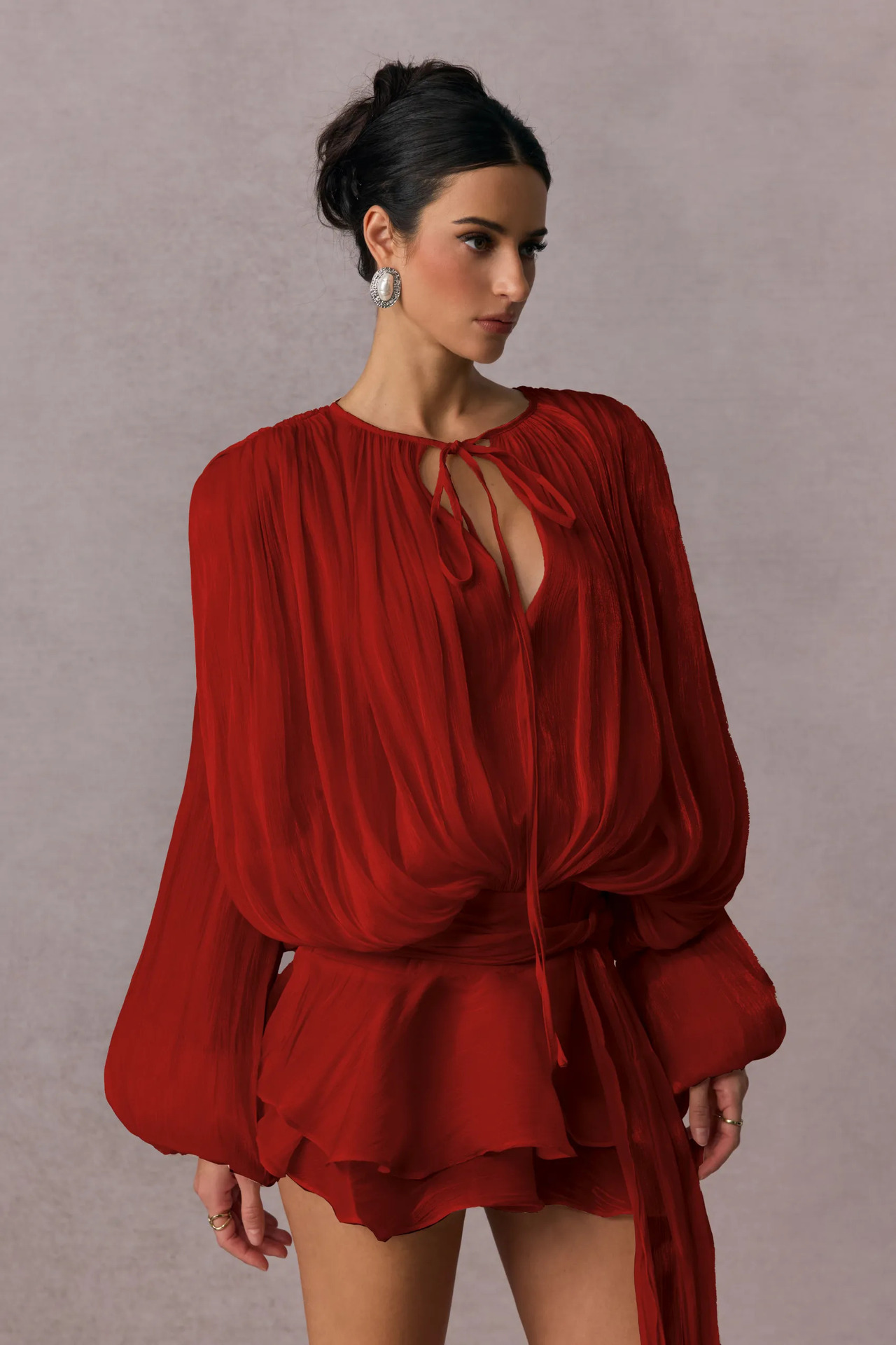 Fully Pleated Ruffled Mini Dress with Twist Design and Long Sleeves