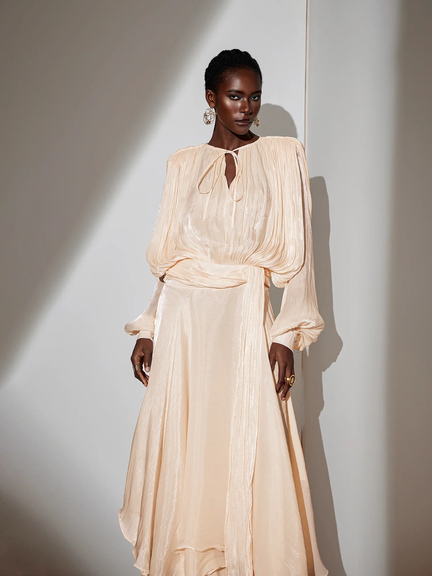 Elegant Satin Maxi Dress with Waist Tie and Asymmetric Hem