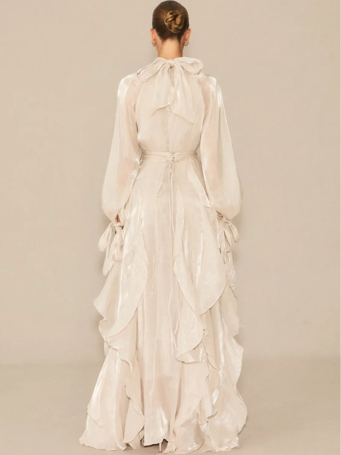 Estella Puff Sleeve Maxi Dress with Ruffle Trim and Bow Detail