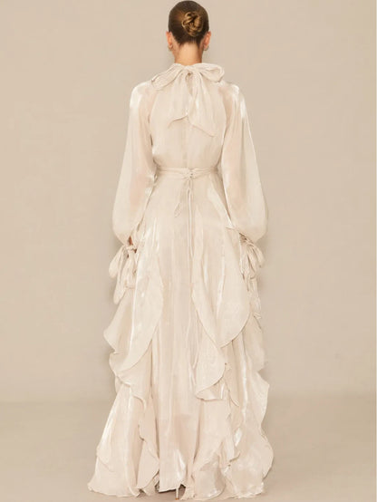 Estella Puff Sleeve Maxi Dress with Ruffle Trim and Bow Detail