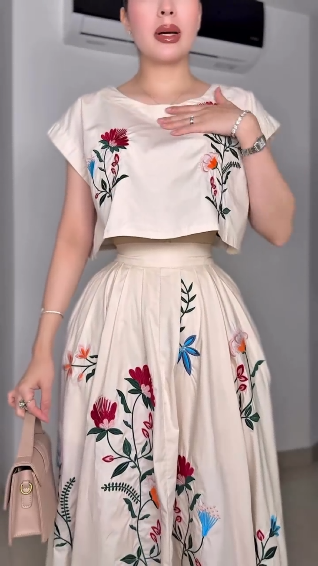 French Floral Embroidered Crop Top & Midi Skirt Two-Piece Set