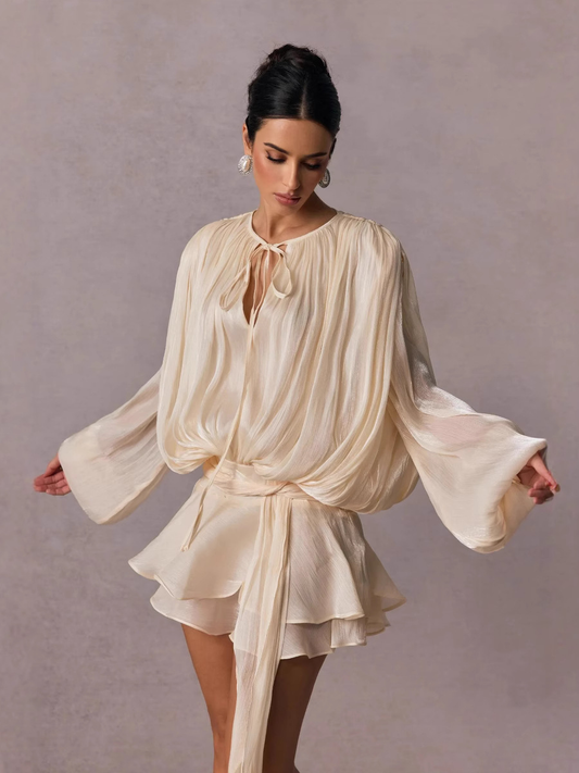 Fully Pleated Ruffled Mini Dress with Twist Design and Long Sleeves