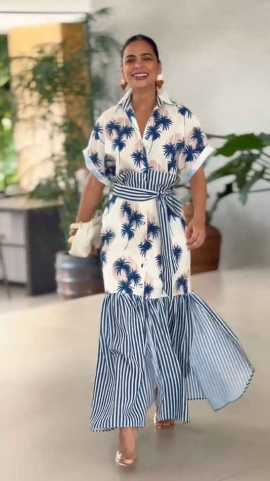 Palm Print & Stripe Belted Maxi Shirt Dress