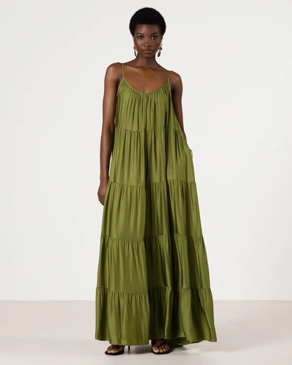 Noelle Strappy Tiered Satin Maxi Dress