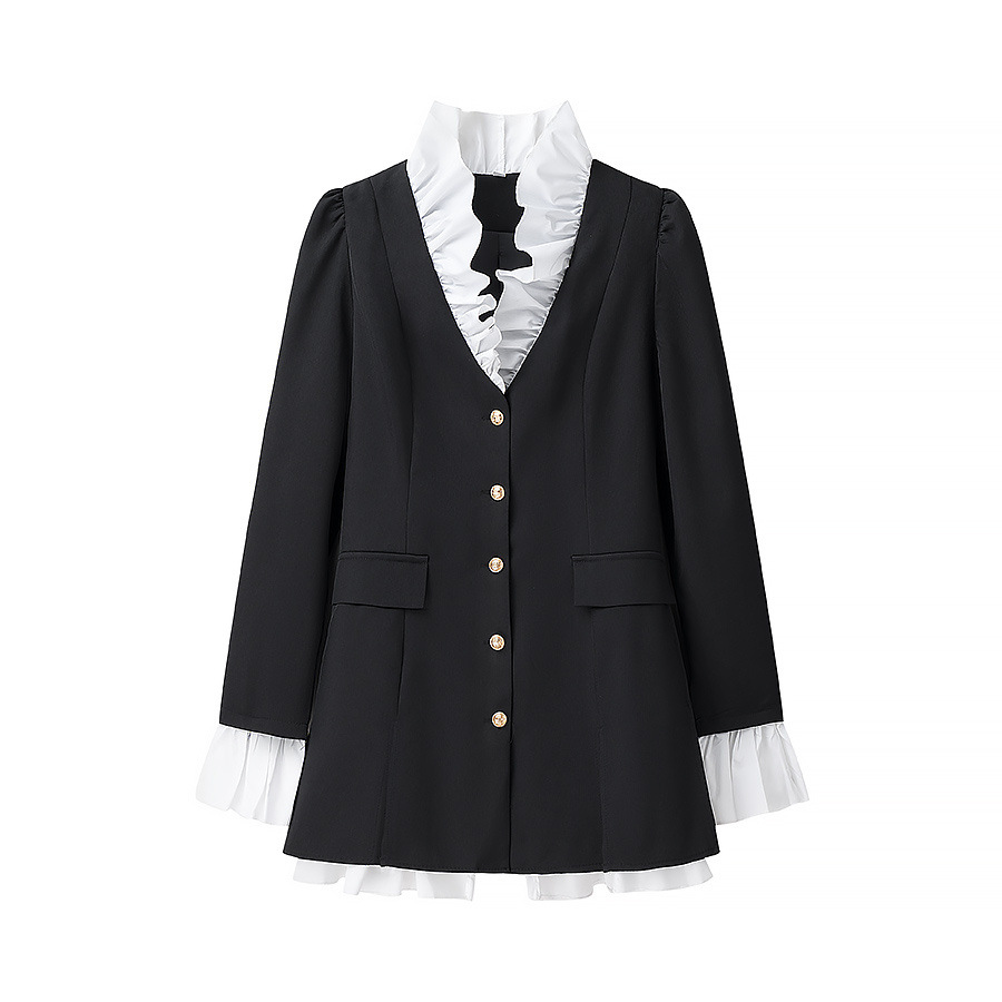 Black Tailored Blazer Mini Dress with Ruffled Shirt Detail