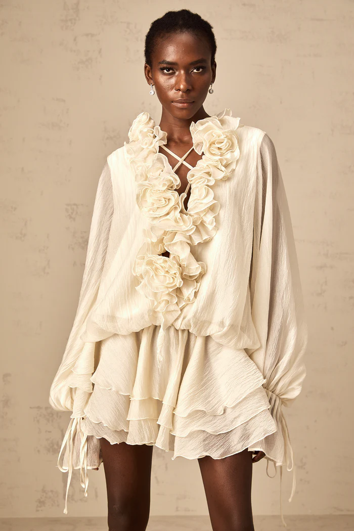 Zéphyrine Floral-Appliqué Tiered Mini Dress with Puff Sleeves and Ruffles