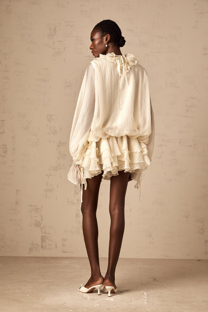 Zéphyrine Floral-Appliqué Tiered Mini Dress with Puff Sleeves and Ruffles