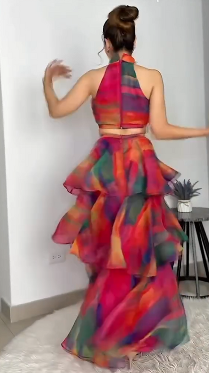 Rainbow Tie-Dye Halter Crop Top & Tiered Ruffle Maxi Skirt Set