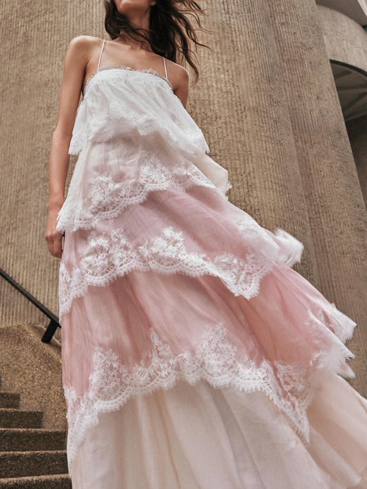 Lace Trim Tiered Maxi Gown