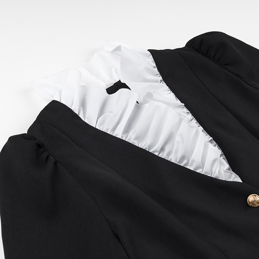 Black Tailored Blazer Mini Dress with Ruffled Shirt Detail