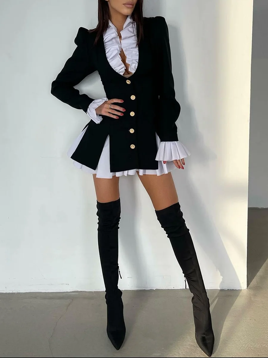 Black Tailored Blazer Mini Dress with Ruffled Shirt Detail