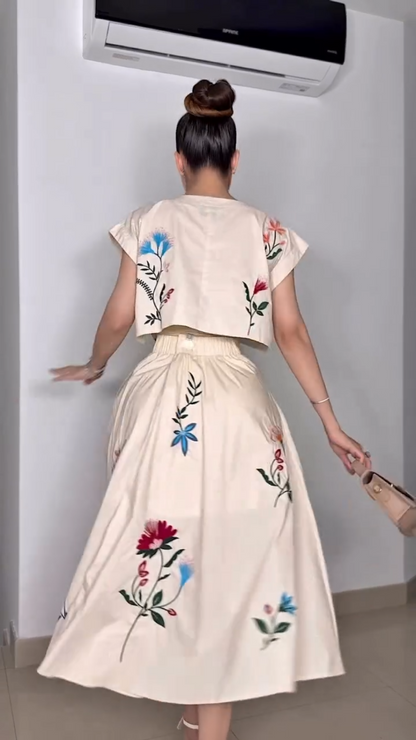 French Floral Embroidered Crop Top & Midi Skirt Two-Piece Set