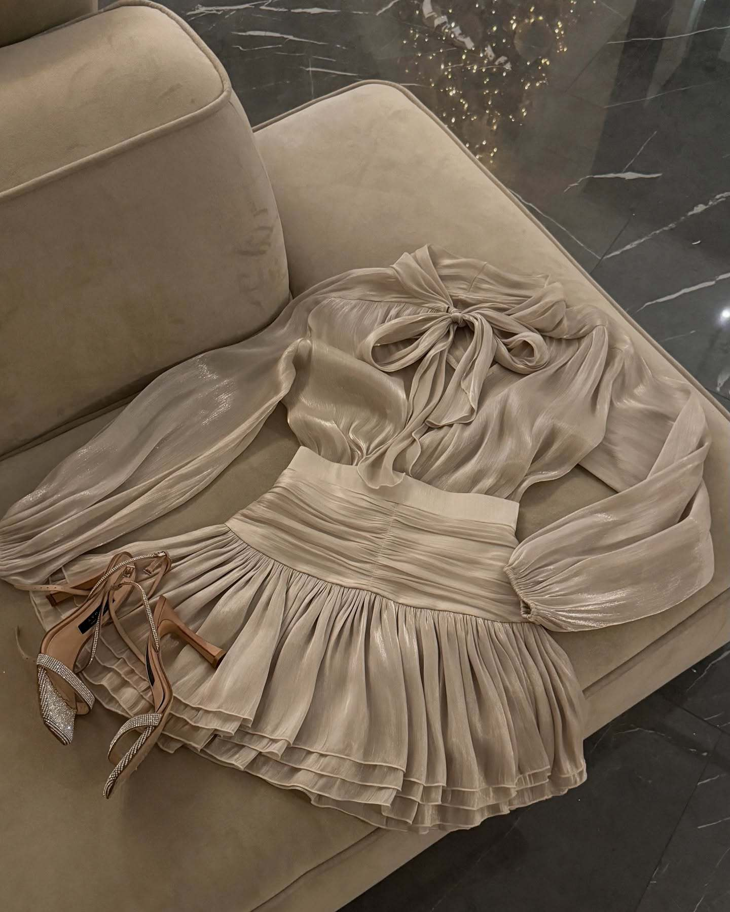 Tie-Front Top and High-Waist Ruched Skirt Two-Piece Set with Puff Sleeves