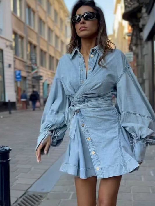 Lantern Sleeve Tie-Waist Denim Shirt Dress