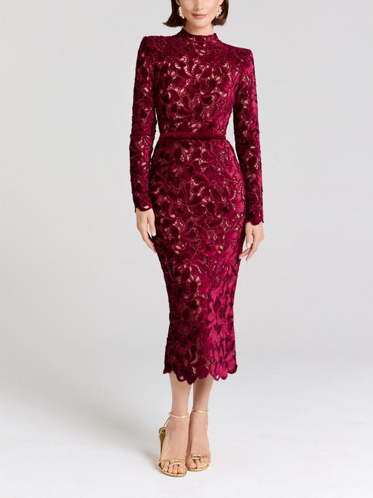 Burgundy Floral Lace High-Neck Midi Dress