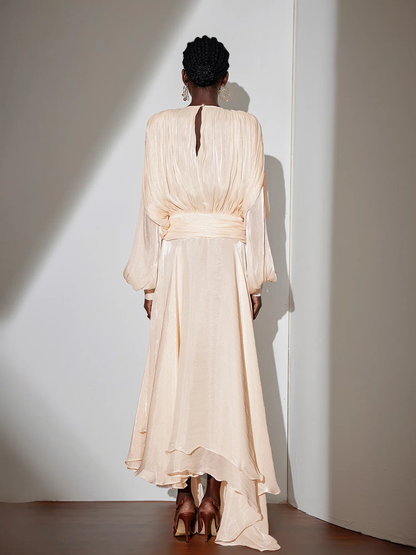 Elegant Satin Maxi Dress with Waist Tie and Asymmetric Hem